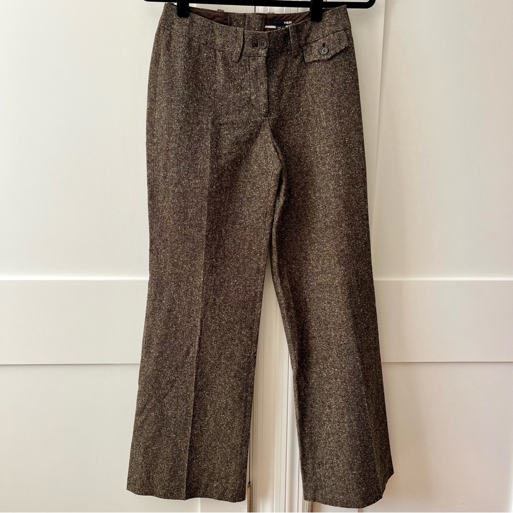 H&M Y2K Tweed Acrylic Blend Wide Leg Pants Brown Sz 4